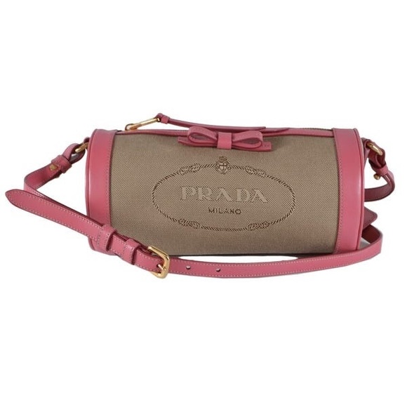 Prada Pink Logo Jacquard Barrel Purse - Picture 5 of 6